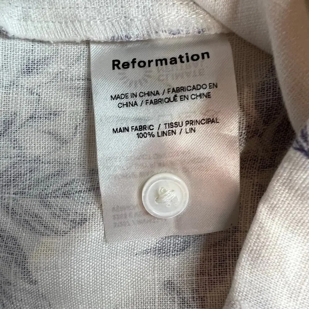 Reformation Stilton Linen Top Carla – Blue Floral Fruit Print – Size 8